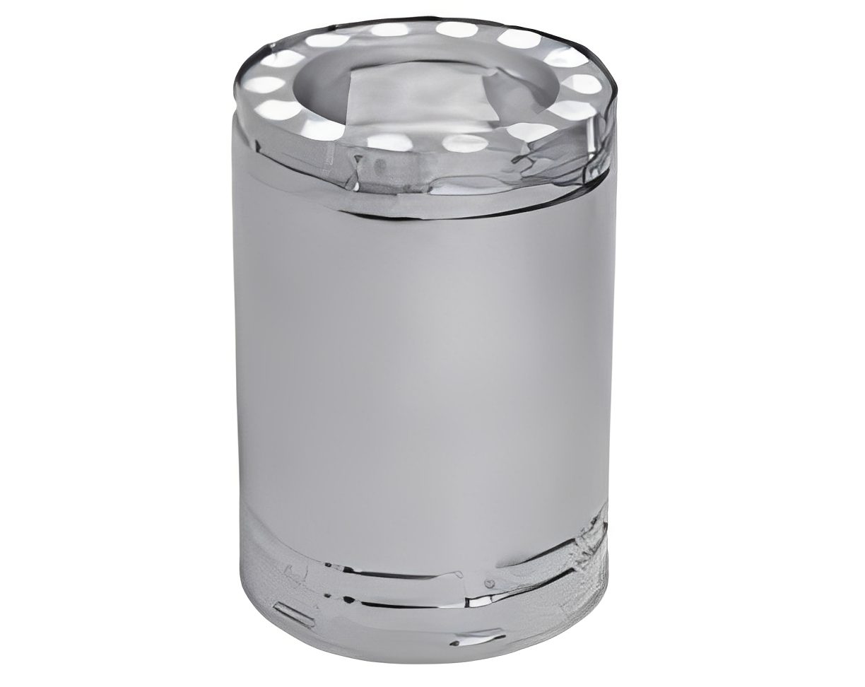 Silver cylindrical object with white circular pattern.