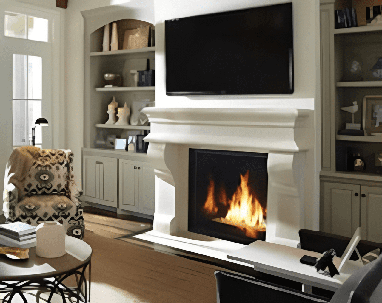 Living room with fireplace and television.