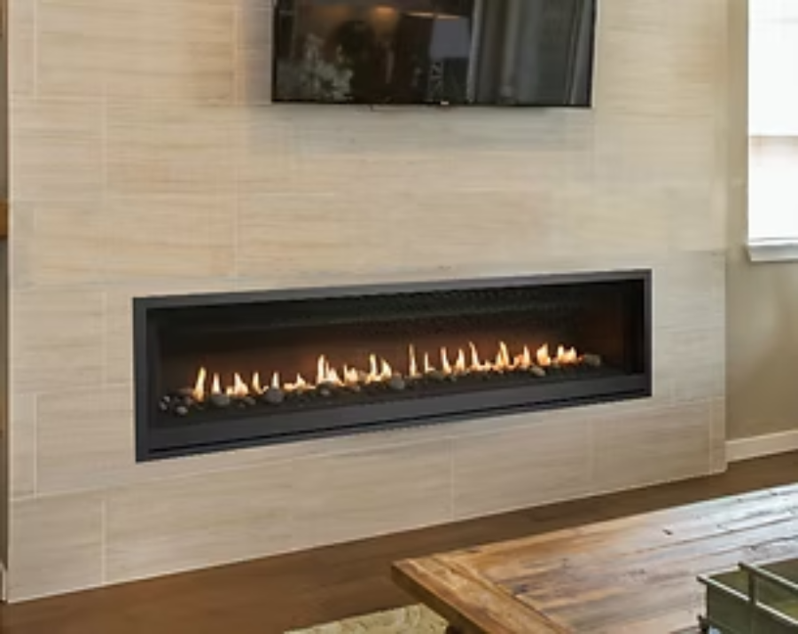 Modern fireplace beneath wall-mounted TV.