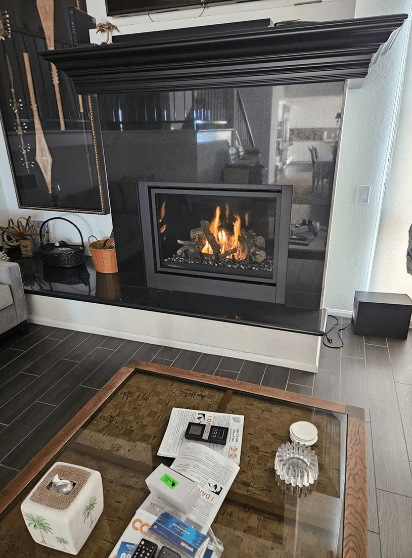 Modern living room with a cozy fireplace.