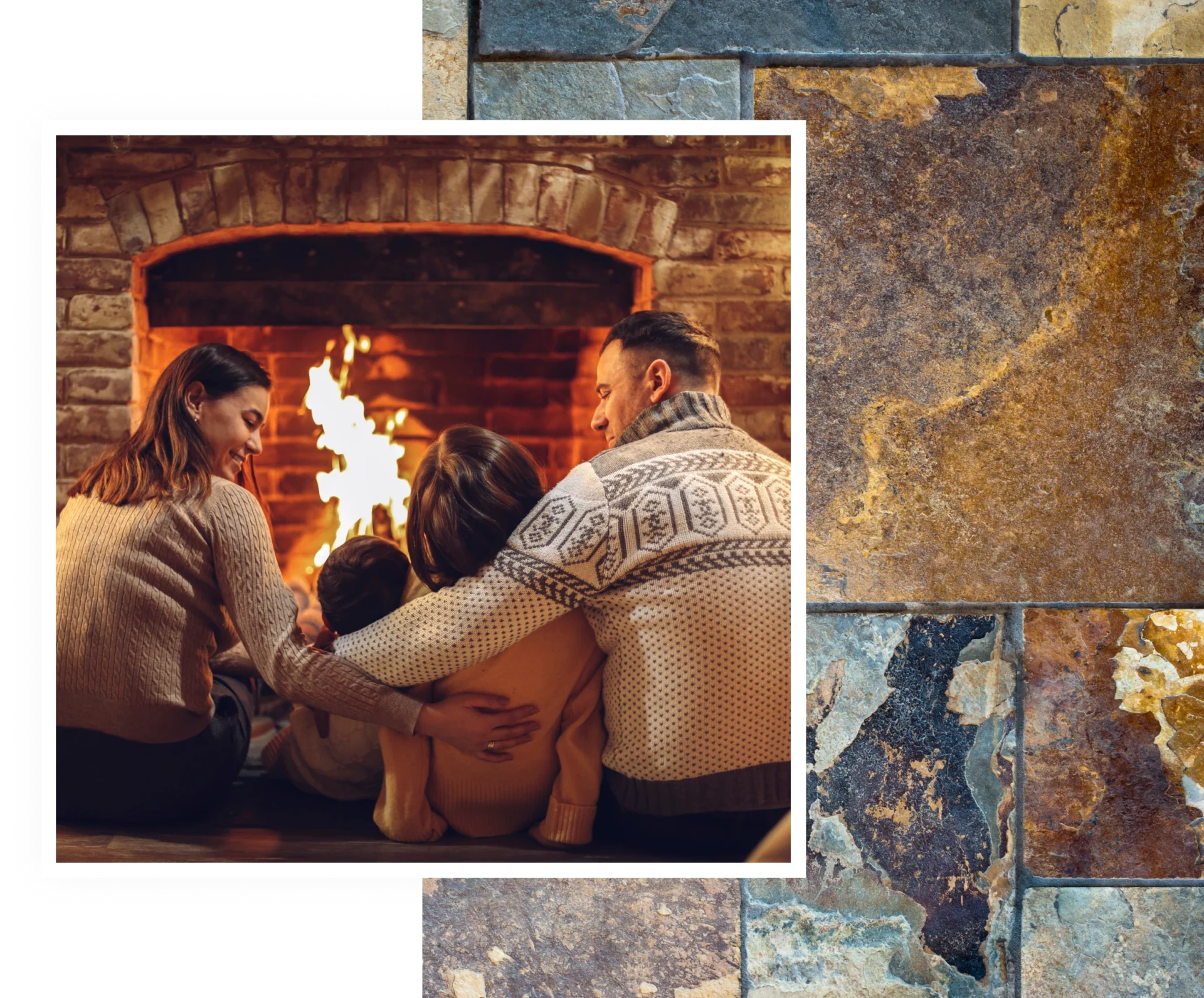 Family sitting by cozy fireplace.