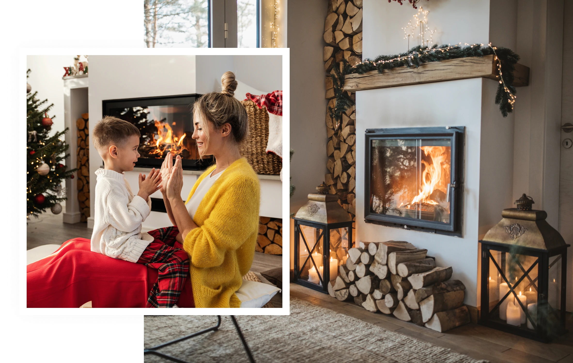 Mother and child playing by fireplace.