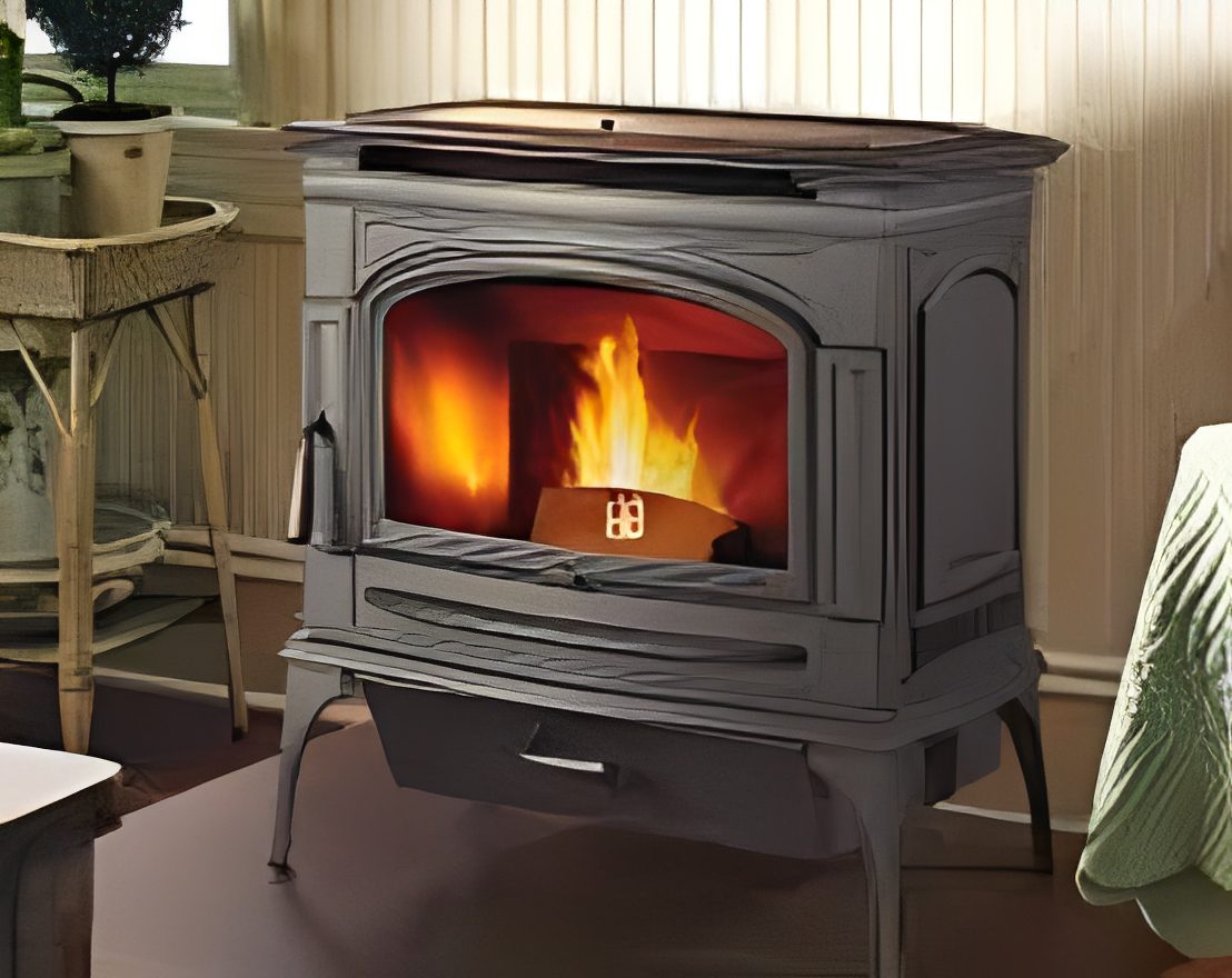Wood stove with glowing fire inside.