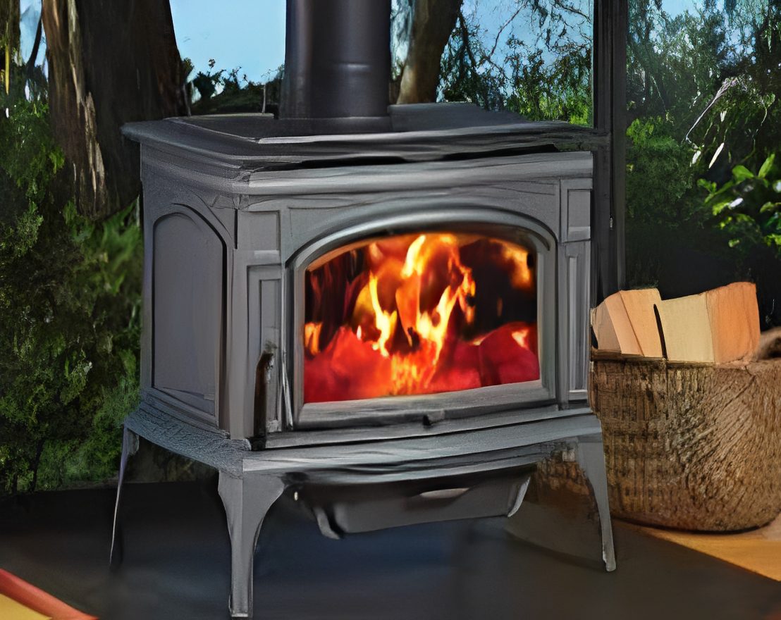 Wood-burning stove with fire inside.