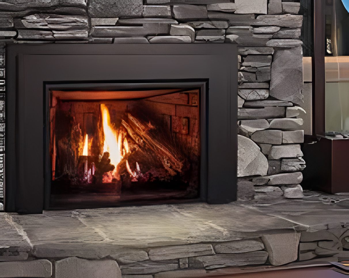 Stone fireplace with a warm, glowing fire.