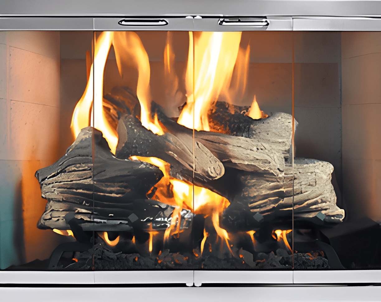 Burning logs in a modern fireplace.