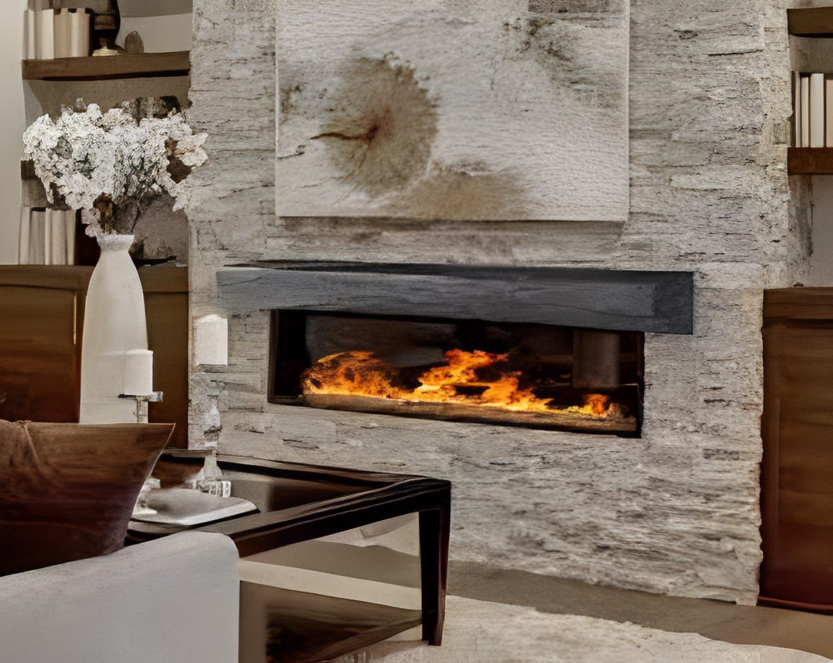 Modern living room with a stone fireplace.