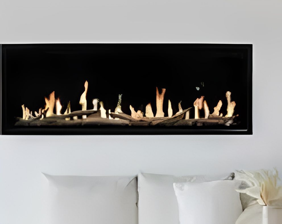 Modern fireplace above white couch.