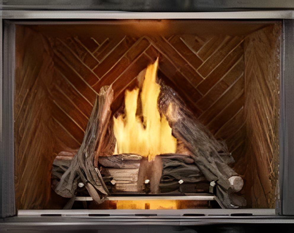 Cozy fireplace with burning logs.